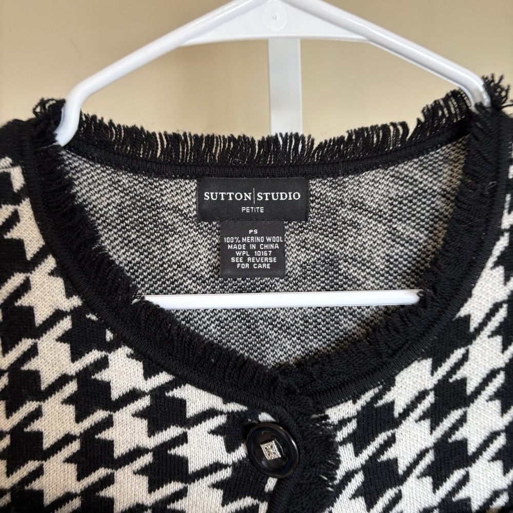 Sutton Studio Houndstooth Black‎ White Cardigan 100% Merino Wool Petite Small - Picture 4 of 7